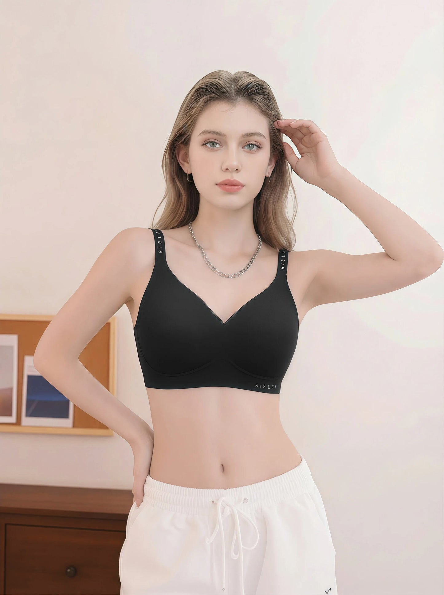 Sleek Minimalist Wireless Bra - Branded Straps, Smooth Fit & Modern Style