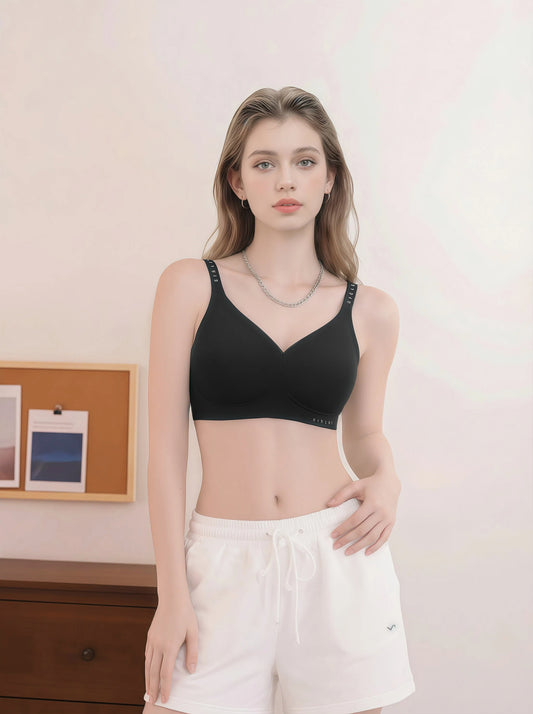 Sleek Minimalist Wireless Bra - Branded Straps, Smooth Fit & Modern Style